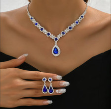 Luxury Blue Crystal Drop Necklace Earrings Set Women Wedding Party Jewelry