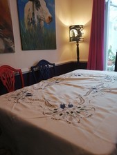 Christmas Flower Candles  Embroidered Tablecloth & 8 Napkins ivory silver thread