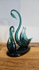 RARE Vintage LaFiore Glass Swan & Cygnet Green Art Glass Bird Pair - Mallorca
