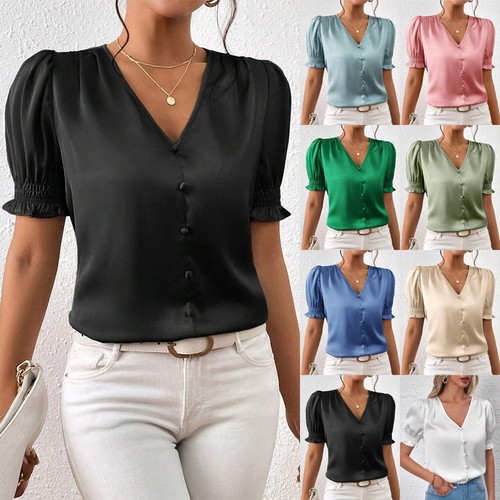 Women satin silk buttons tee - buttons,