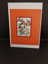 Handmade decoupage Christmas card,  two robins. 6 X 4 inch