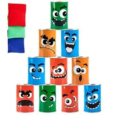Tin Can Alley Game Outdoor Garden Party Indoor Throw Toss Fun 10 Tins 3 Bean Bag