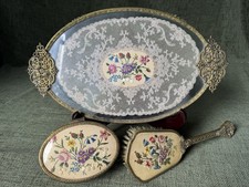 Vintage Petit Point Dressing Table Set 1950s Tray Brush Trinket Box M364