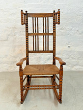 Antique Bobbin Turned Oak Rocking Chair with Rush Seat – Arts & Crafts c.1900