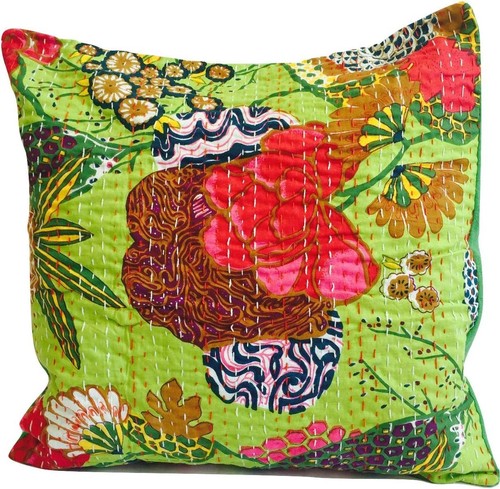 Parrot green kantha cushion - green,