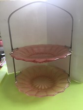 Vintage 1950s Sowerby Pink Glass Flower Plates,2 Tier Metal Cake Stand