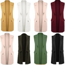 Women Ladies Sleeveless Crepe Mock Open Long Waistcoat NO POCKETS JUST FLAPS