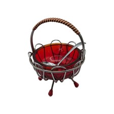 Mid Century Modern Atomic Red Art Glass Serving Bowl With Sheffield Spoon