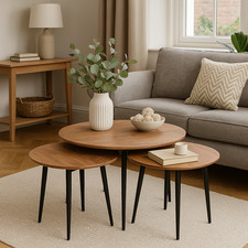 Set of 3 Acacia Wood Coffee Tables with Black Metal Legs - AHAR