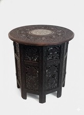 ANTIQUE ANGLO/ INDIAN FOLDING SIDE TABLE CARVED/INLAID TOP, VICTORIAN