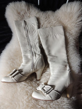 RARE "FAITH" Cream Nude Soft Leather Knee High Zip Boots with Bow Size 5 38