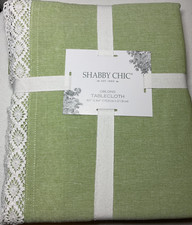 Shabby Chic Tablecloth 60 X 84 GREEN WHITE LACE BORDER 100% COTTON NWT