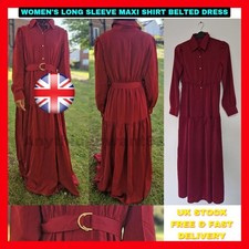 Women Maroon Colour Shirt Maxi Belted Buttoned Modest Size 8 Dress Long Sleeve