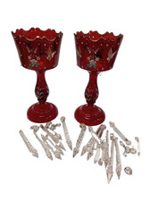 Pair Antique Bohemian Ruby Glass Mantle Lustres Hand Painted Prisms pre-owned