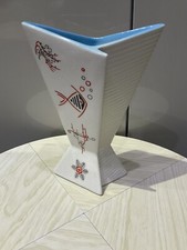 Art Deco Vase “Sylvac”white Ribbed Pale Blue Interior Nice Shape 