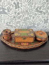 Vintage German Wooden Desk Set, Carved Floral Pattern. Early - Mid 20th Century