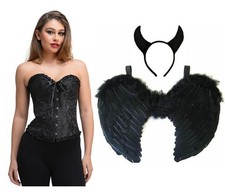 Devil Corset Set - Corset, Feather Wings & Horns Halloween Fancy Dress - Black