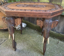 Vintage Anglo Indian table side tea carved wood elephant head legs occasional