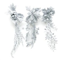 Silver Glittered Clip-On Floral Picks Christmas Tree Decorations Pack x3 Asstd