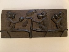 Vintage Hand Carved Wood Three Monkeys On Branch Plaque Folk Art Wall Hanging
