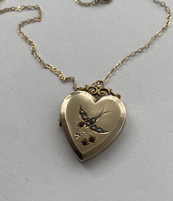 Victorian Gilt Metal  Heart Double Photo Locket & Gold Chain