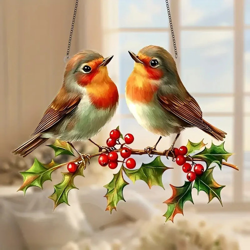 Christmas robin birds stained - christmas,