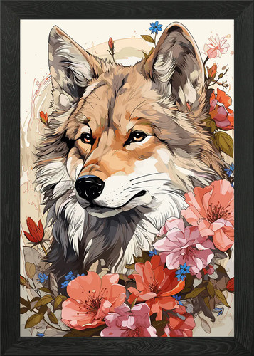 Coyote portrait with floral - portrait,