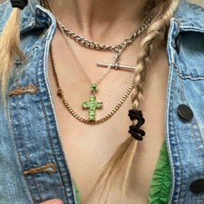 Enchanting Diamante Cross Necklace Made With Peridot Glass Stones 