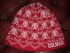 Colmar Fair Isle Snowflake Aztec Knit Beanie Hat Red White Fleece Ski Golf hike 