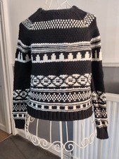 ZARA Knit Black & White Fair Isle Nordic Jumper - Wool & Alpaca Blend,Size 10-12