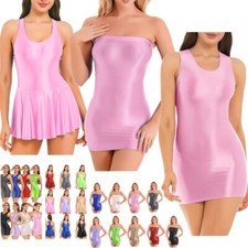 UK Womens Oil Glossy Sleeveless Tank Dress Solid Color Smooth Leotard Mini Dress