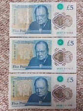 Genuine £5 notes with serial no's AK47 & AK46, new polymer notes, uncreased