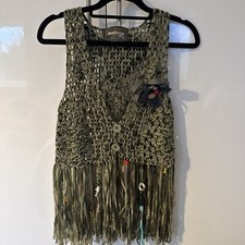 Desigual waistcoat fringed. crochet knitted, greens/olive  size s/m 8/10 
