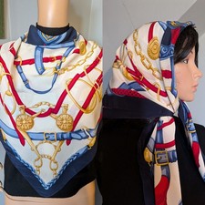 Vintage Silk Blue Red Bridle Stirrup Print Equestrian Horse Large Scarf 34"