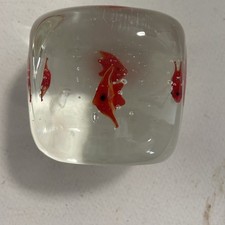 Square Glass Aquarium Paperweight Red Fish Bubbles Murano Style Cube