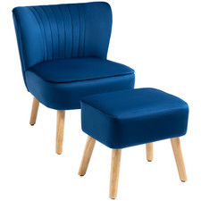 Plush Velvet Accent Chair With Ottoman, Dark Blue, Padded Tub Seat, Wood Legs