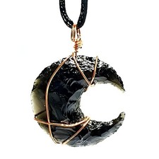 Obsidian moon pendant - pendant, copper