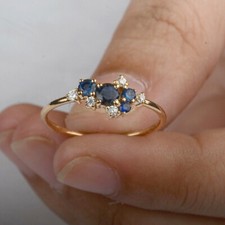Round Cut Blue Sapphire Diamond Cluster Wedding Ring 14k Yellow Gold Over