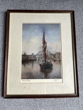 Walter Holmes Signed Gold Ink Print Sailing Barge Newcastle Bridge Framed