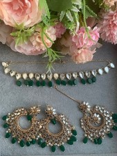 Pakistani Indian Gold Party Mirror Work Kundan Light Necklace Set Green Beads