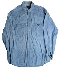 Vintage 90s Armani Blue Denim Shirt Pearl Snap Buttons Metal Logo - Mens Large L