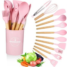 Kitchen Utensil Set 12 PCS Silicone Cooking Utensils with Wooden Pink 
