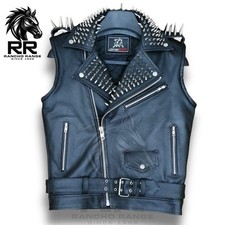 Handmade Black Punk Leather Vest | Long Spiked & Silver Studded Men's Jacket