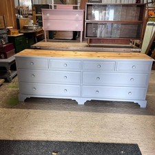 Painted Pine Long Sideboard 8 Drawers Knob Handles Sanded Top Pale Grey