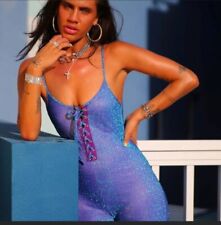 Sparkly glitter blue purple jumpsuit catsuit romper unitard lace up front sequin