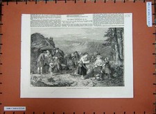 Original Old Antique Print Highland Reapers Farming Mountains Hut Dog Children