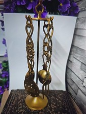 VINTAGE BRASS KITCHEN UTENSILS SET SPOONS FORKS ON STAND HEART DESIGNS