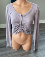 Pink Rose Purple Long Sleeve Crop Top S Henley Scoop Neck Blouse 