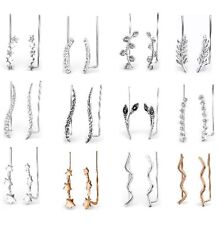 925 STERLING SILVER Ear Crawler Climber Cuff Crystal Leaf Earring Pair Earrings