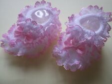 HAND KNITTED ROMANY BABY SHOE/BOOTIES WHITE/PINK- FIT 0-3 MTHS/REBORN DOLL-B5